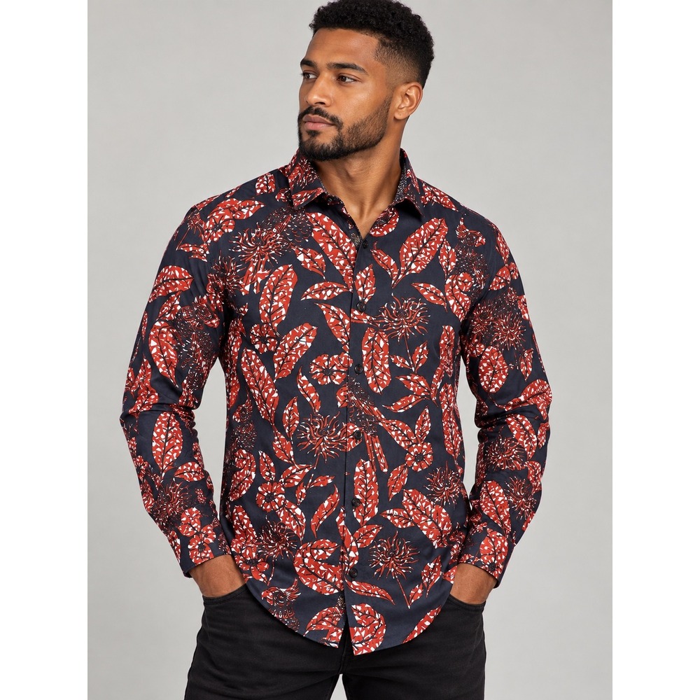 Ted Baker London Mens Navy Rust Botanical Cockatoo Print Shirt Highbur Size 4 L